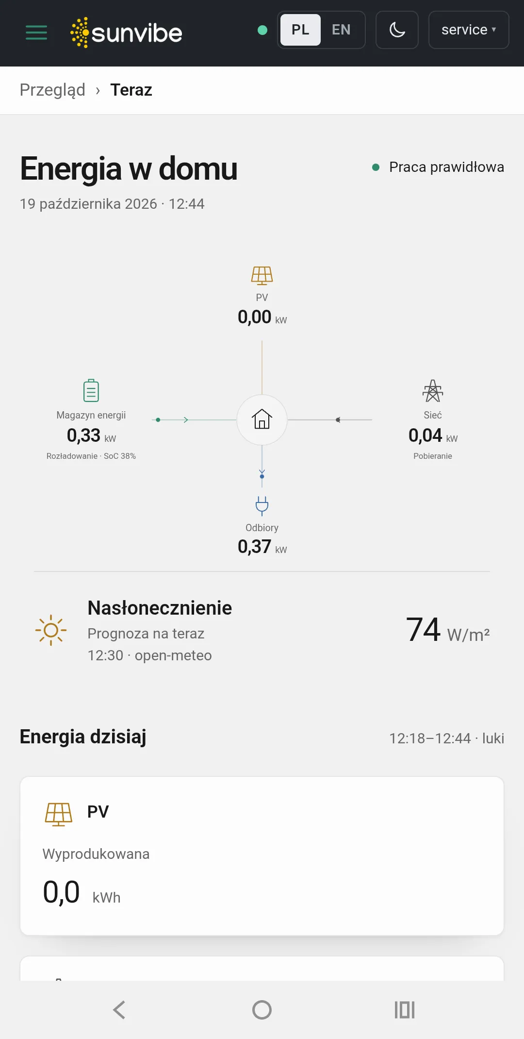 sunvibe app on a phone: current energy flow in the home