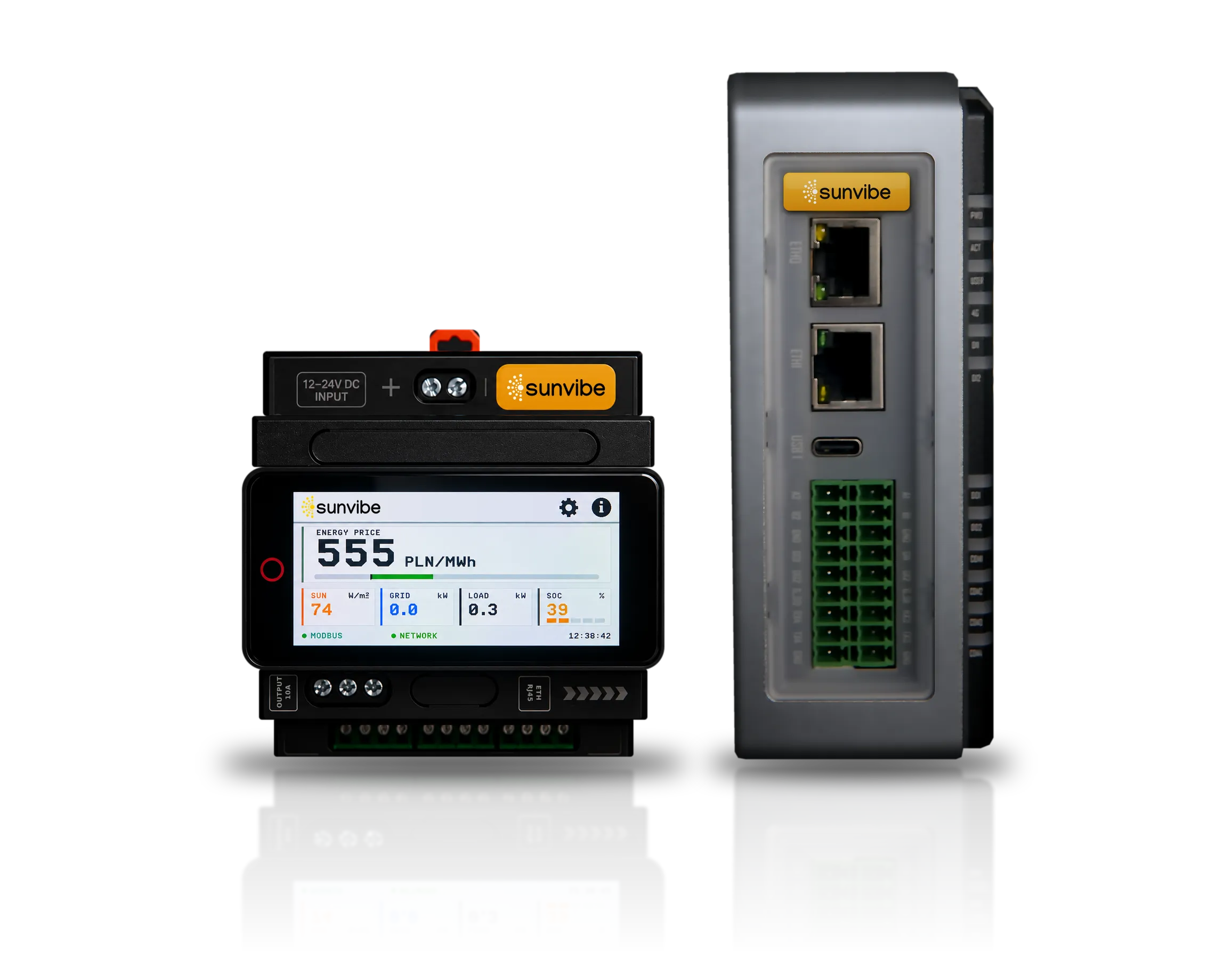 Two sunvibe controllers side by side: the HEMS with a touchscreen for home batteries and the industrial DIN-rail EMS with two Ethernet ports and a terminal block