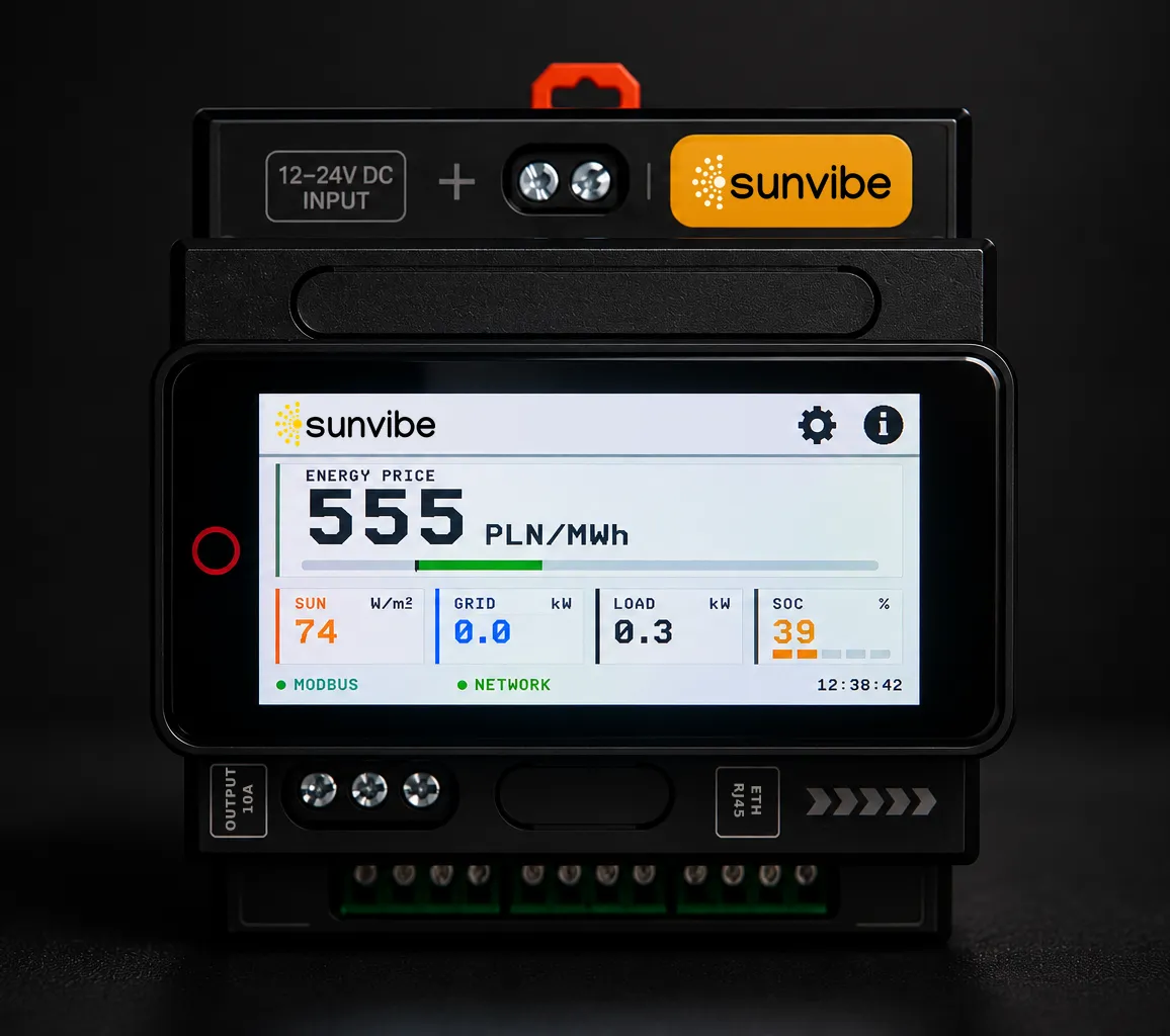sunvibe controller with touchscreen: energy price, irradiance, grid power, home load and battery charge level